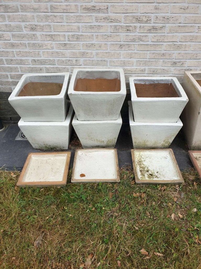 6x Large geglazuurde vorstbestendige bloempot + schaal, Rond, Nieuw, Ophalen of Verzenden, Tuin