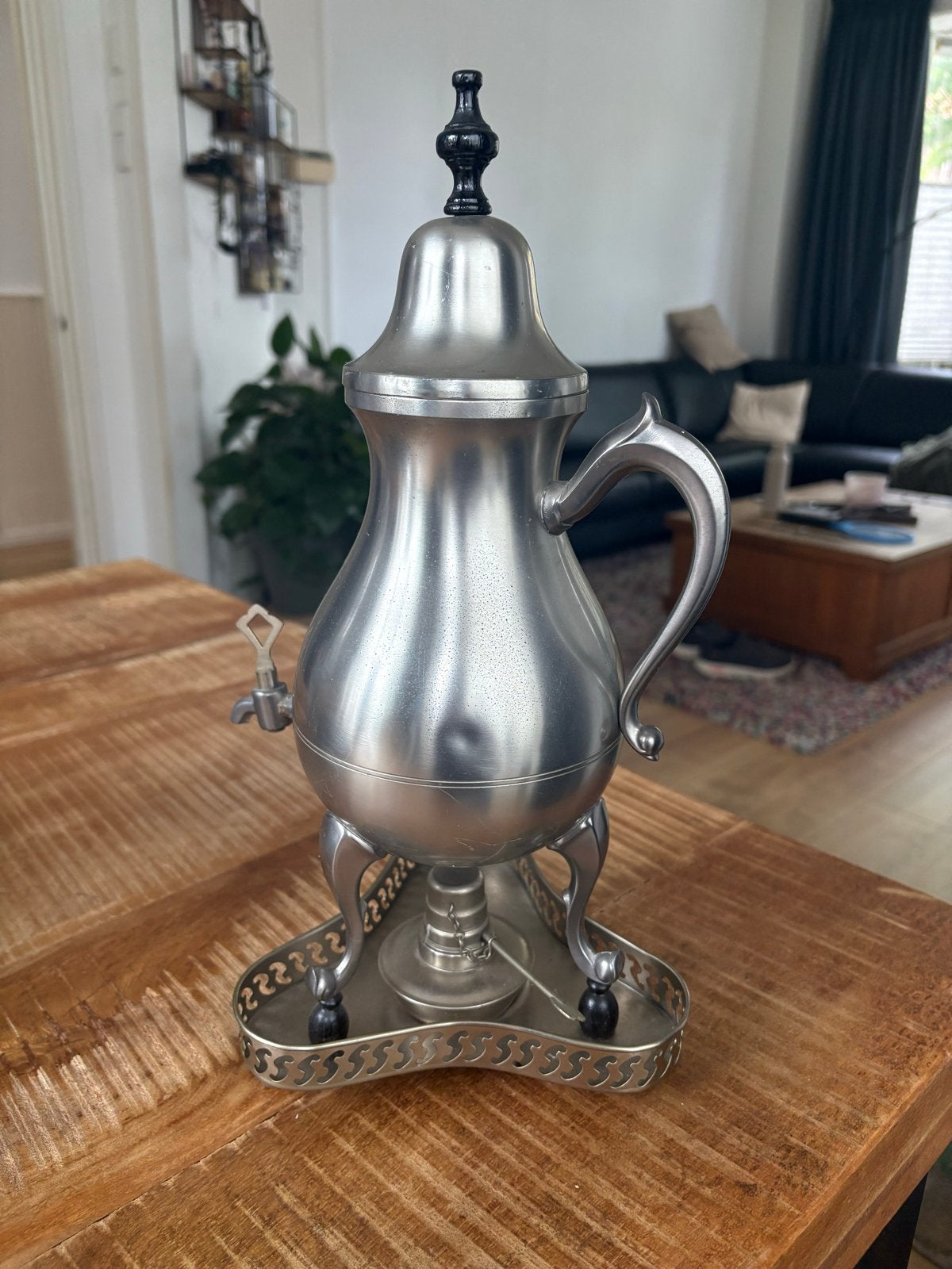 Antieke tinnen theeketel met spiritusbrander, Ophalen of Verzenden