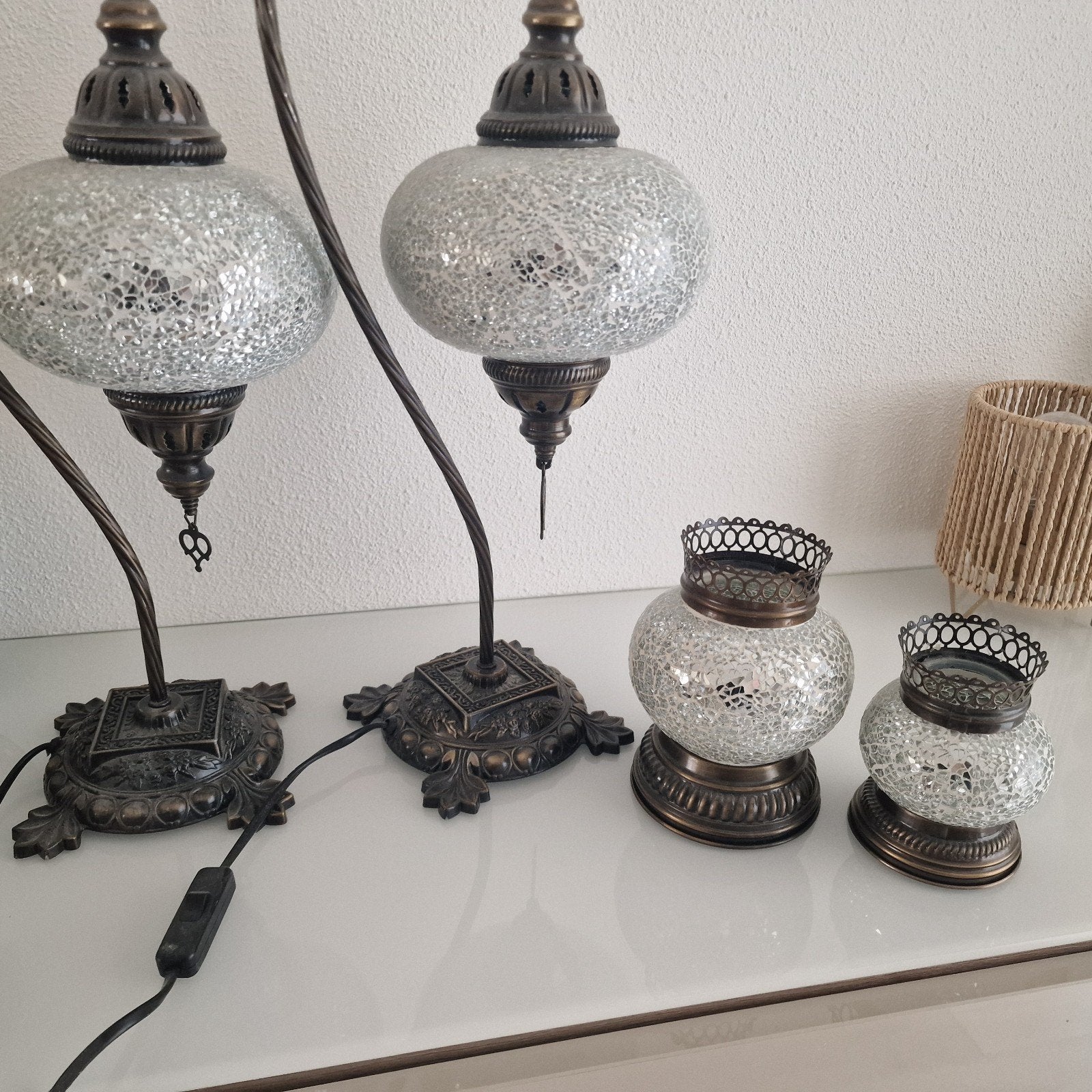 Turkse Mozaïek Lampen Set - Staande Lamp & Tafellampen, E14 (klein), Ophalen of Verzenden, Zo goed als nieuw, Glas