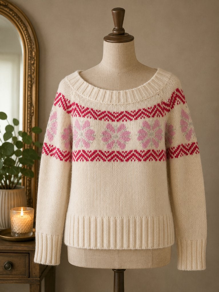 Witte dames trui met roze patronen zilveren details 40 42 L, Ophalen of Verzenden, Zo goed als nieuw, Maat 42/44 (L), Wit
