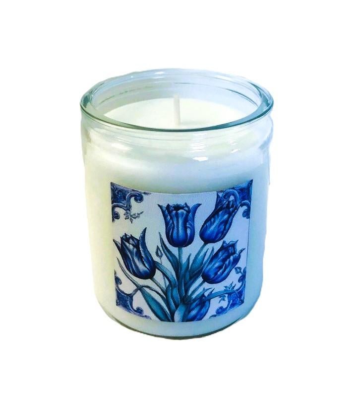 Kaars in glas met delfts blauw Tulip bloemen, Overige materialen, Verzenden, Wit, Nieuw