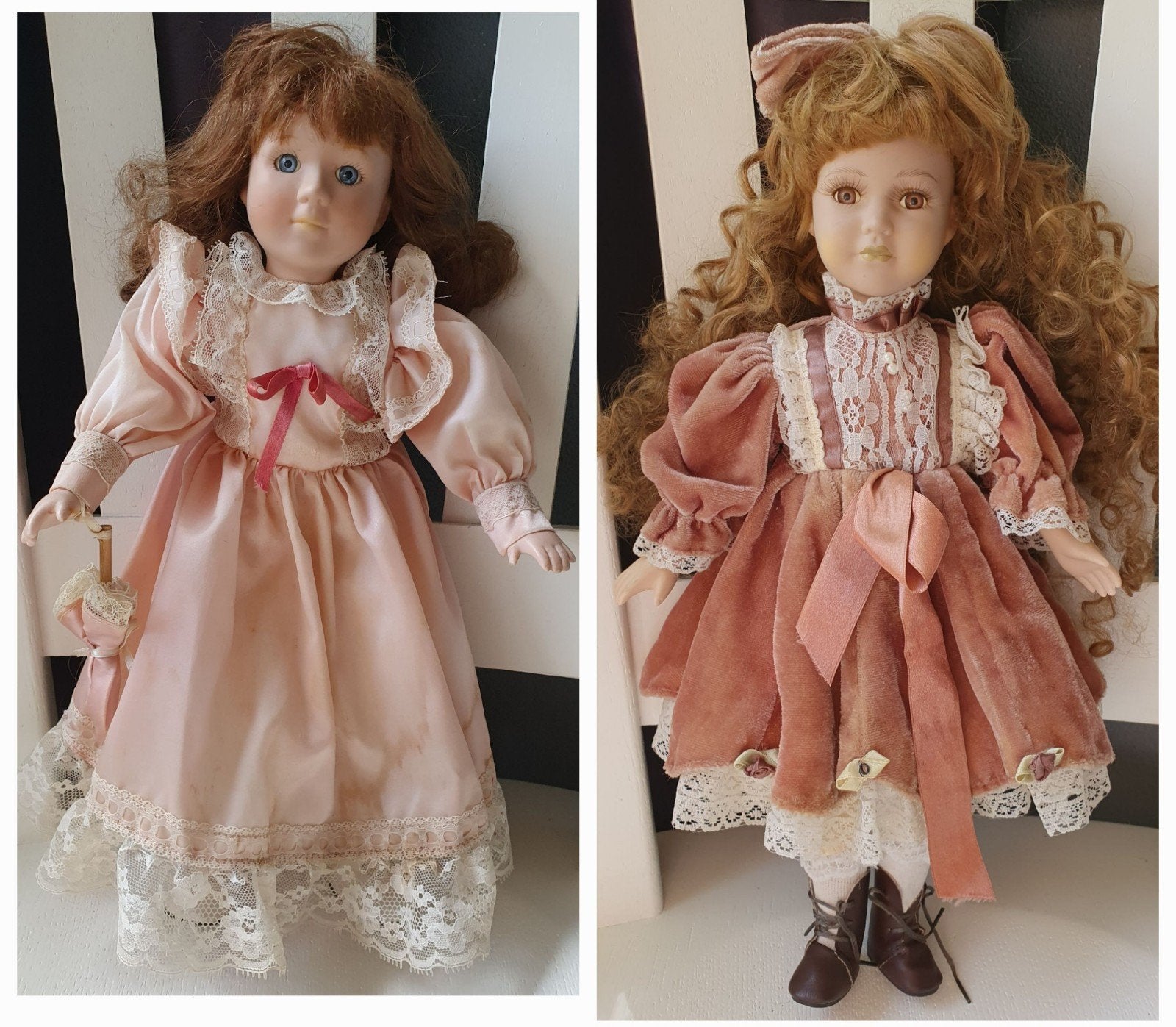 Twee Vintage Porseleinen Poppen in Roze Jurken, Verzamelen, Poppen, Gebruikt, Pop, Ophalen of Verzenden