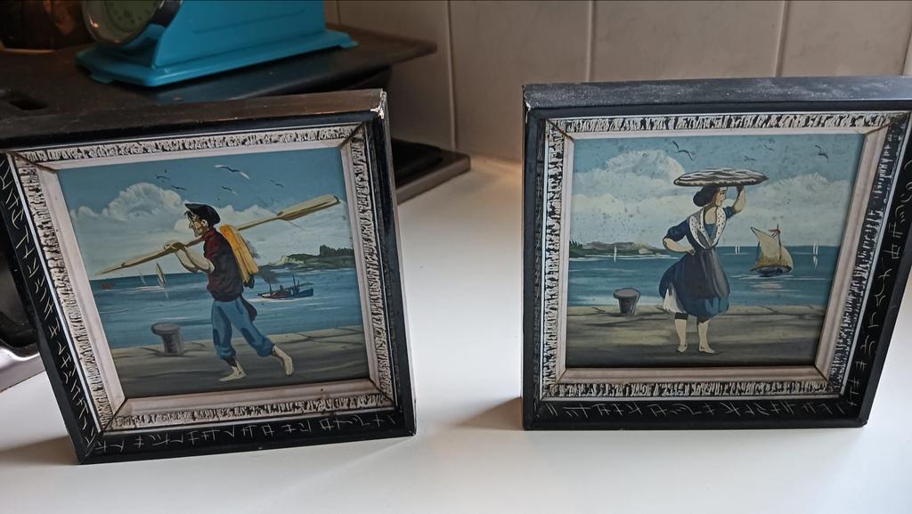 Twee Maritieme Schilderijtjes - Man & Vrouw aan Kust, Antiek en Kunst, Kunst | Schilderijen | Klassiek, Ophalen of Verzenden