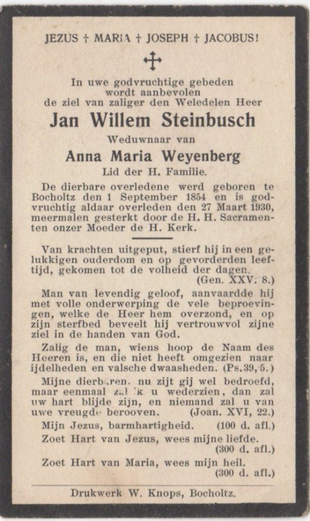 Jan Willem Steinbusch 1854 Bocholtz + 1930 Bocholtz, 75 jaar, Ophalen of Verzenden