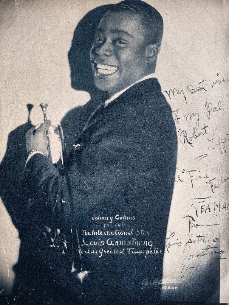 Gesigneerd met boodschap Louis Armstrong 1933 zeldzaam, Gesigneerd, Ophalen of Verzenden