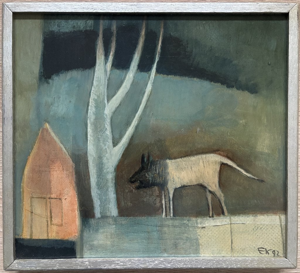 Edzard Krol (1938) - hond bij boom en huis (1992), Paneel, Nederlandse school, Ophalen of Verzenden, Gesigneerd