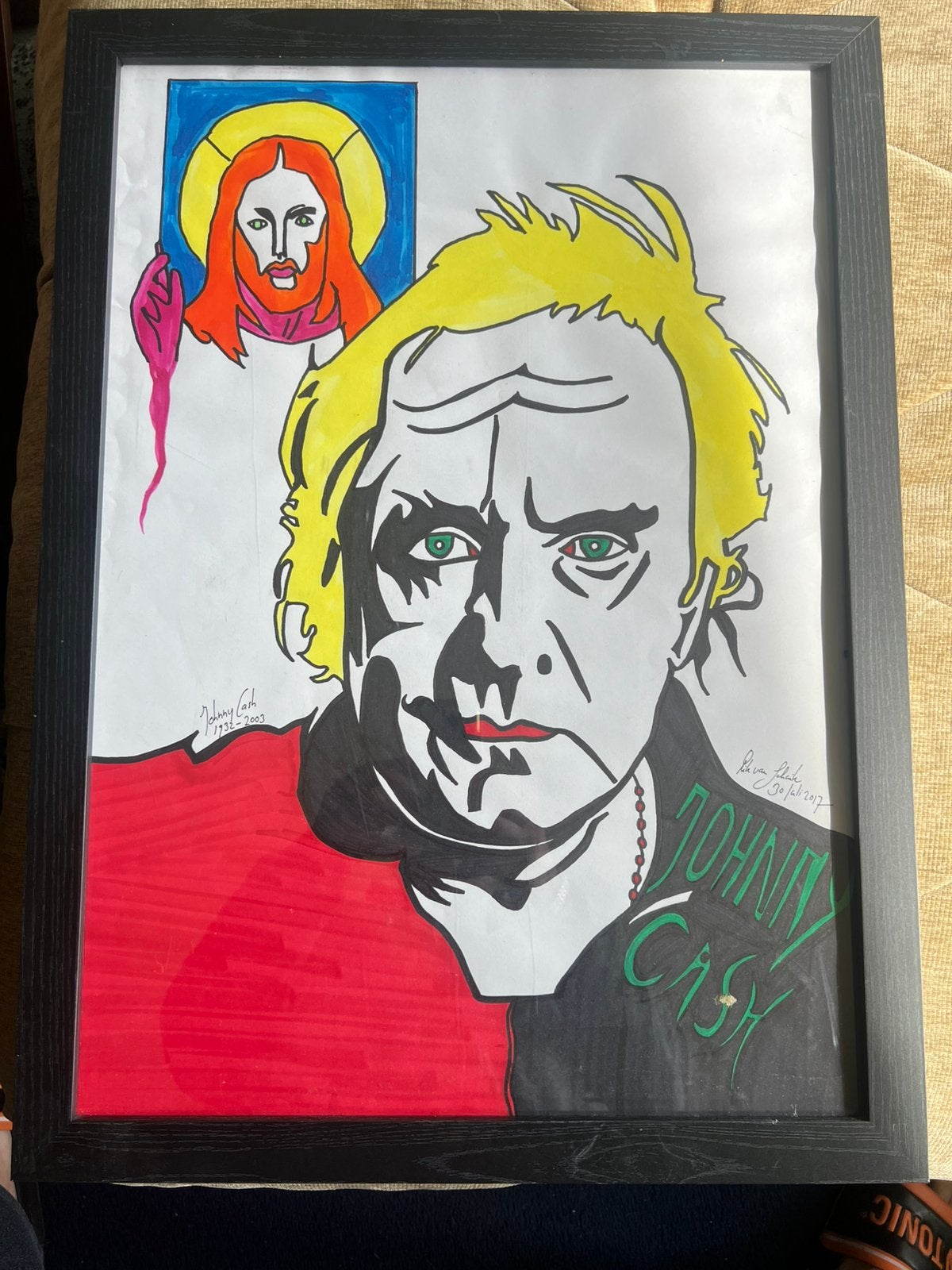 Vintage Tekening Kunstwerk Rik v Schaik / Johnny Cash., Ophalen, Tekening, Overige technieken, Gesigneerd