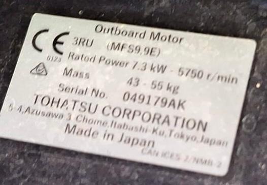 Buitenboordmotor Tohatsu 9.9 kortstaart, Ophalen, 5 tot 10 pk, Viertaktmotor, Zo goed als nieuw