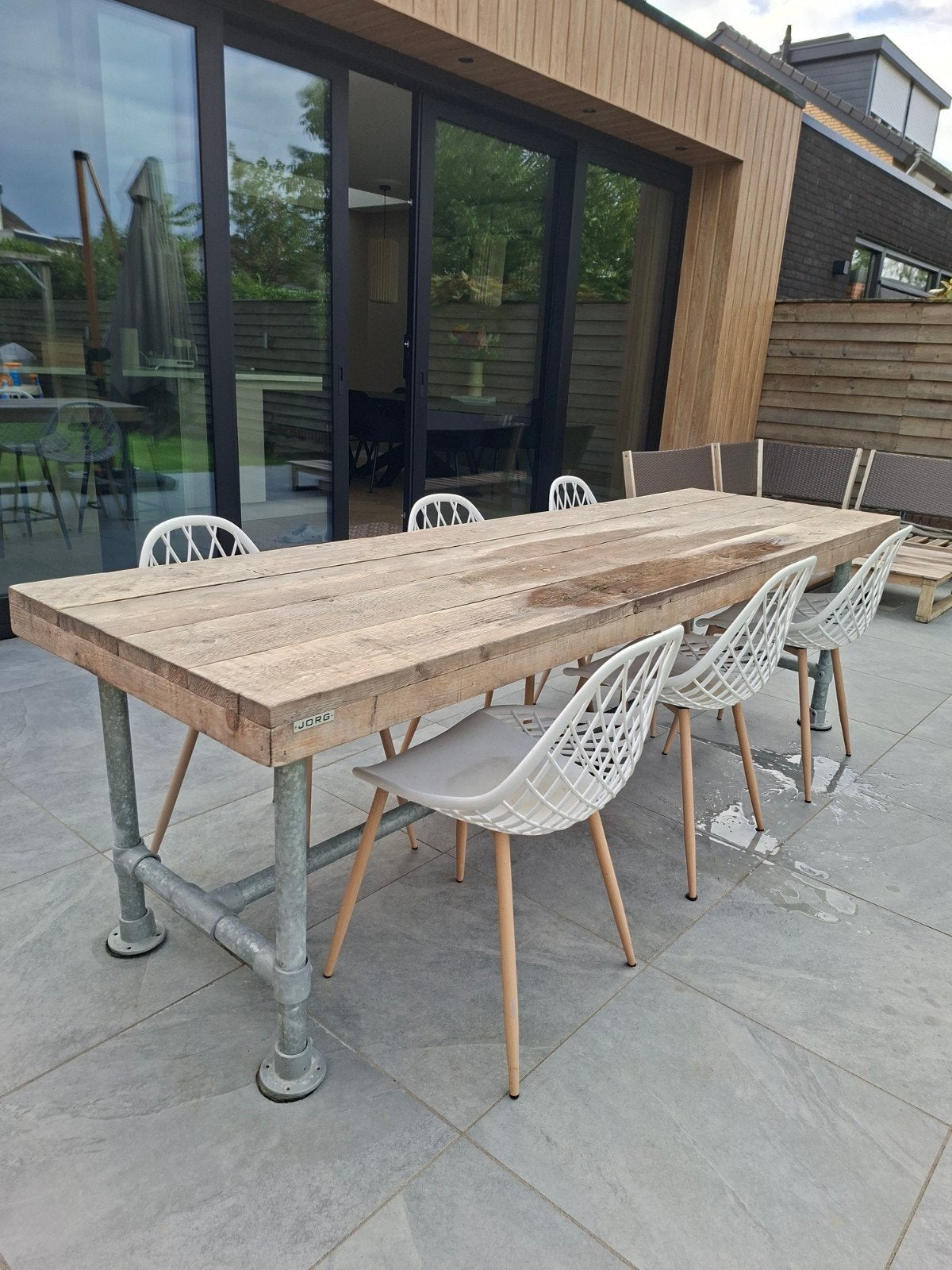 JORG steigerhouten buitentafel 260 cm Industrieel design, Tuin en Terras, Tuintafels, Ophalen, Gebruikt, Rechthoekig, Hout