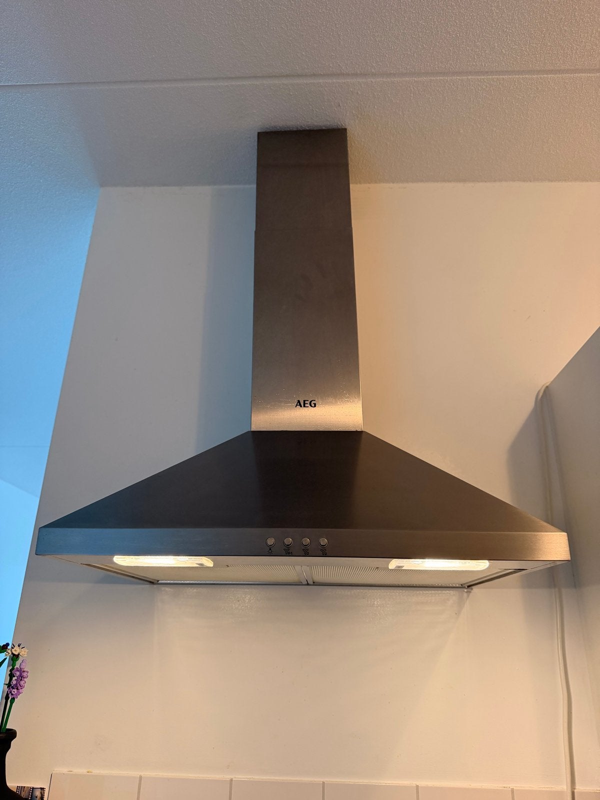 AEG Chroom/Zilver Afzuigkap - Gebruikt, Ophalen, Gebruikt, Wandschouwkap, Vrijstaand
