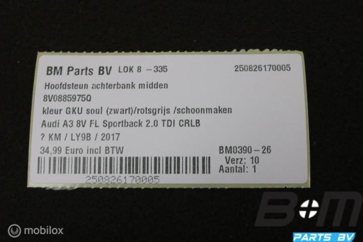 Hoofdsteun achterbank midden Audi A3 8V FL GKU 8V0885975Q, Gebruikt