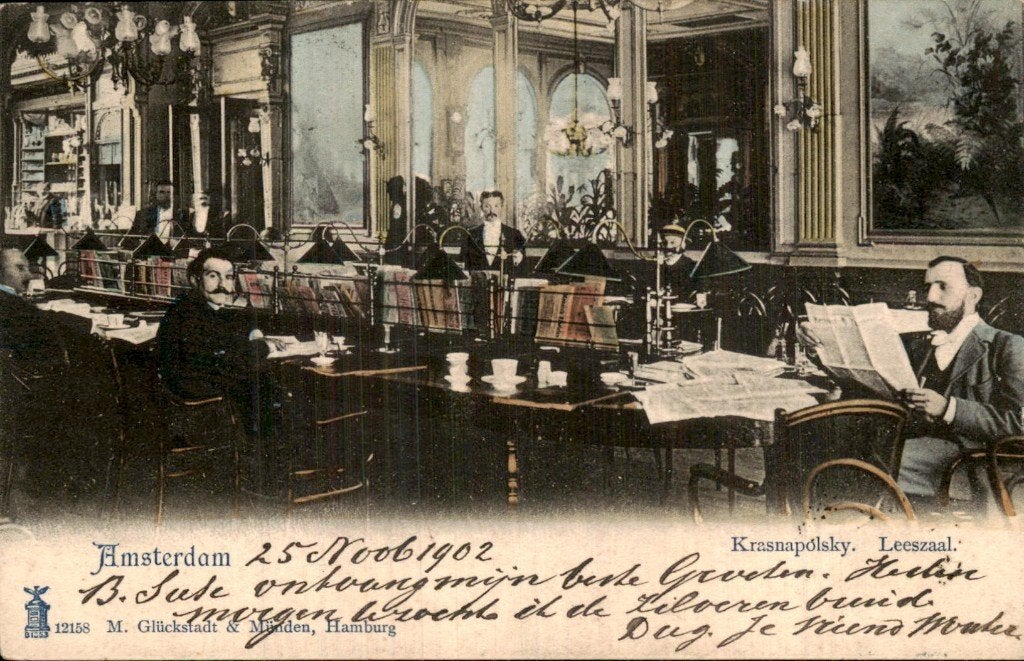 Amsterdam - Krasnapolsky - Leeszaal interieur, Ophalen of Verzenden, Voor 1920, Gelopen, Noord-Holland