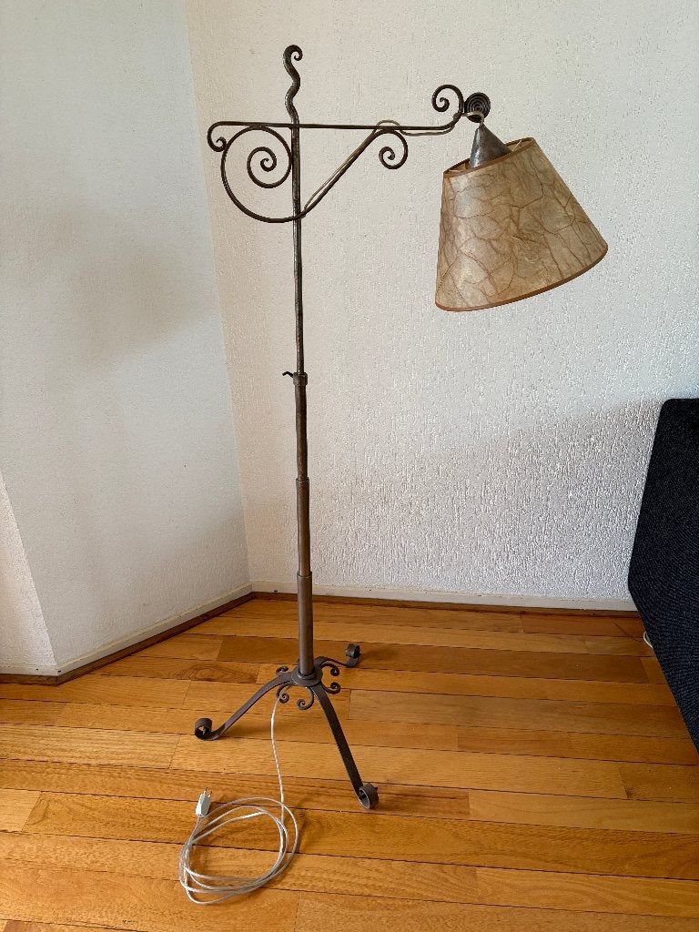 Vintage staande schemerlamp Smeedijzer decoratieve krullen, Ophalen, Gebruikt, 100 tot 150 cm, Overige fittingen
