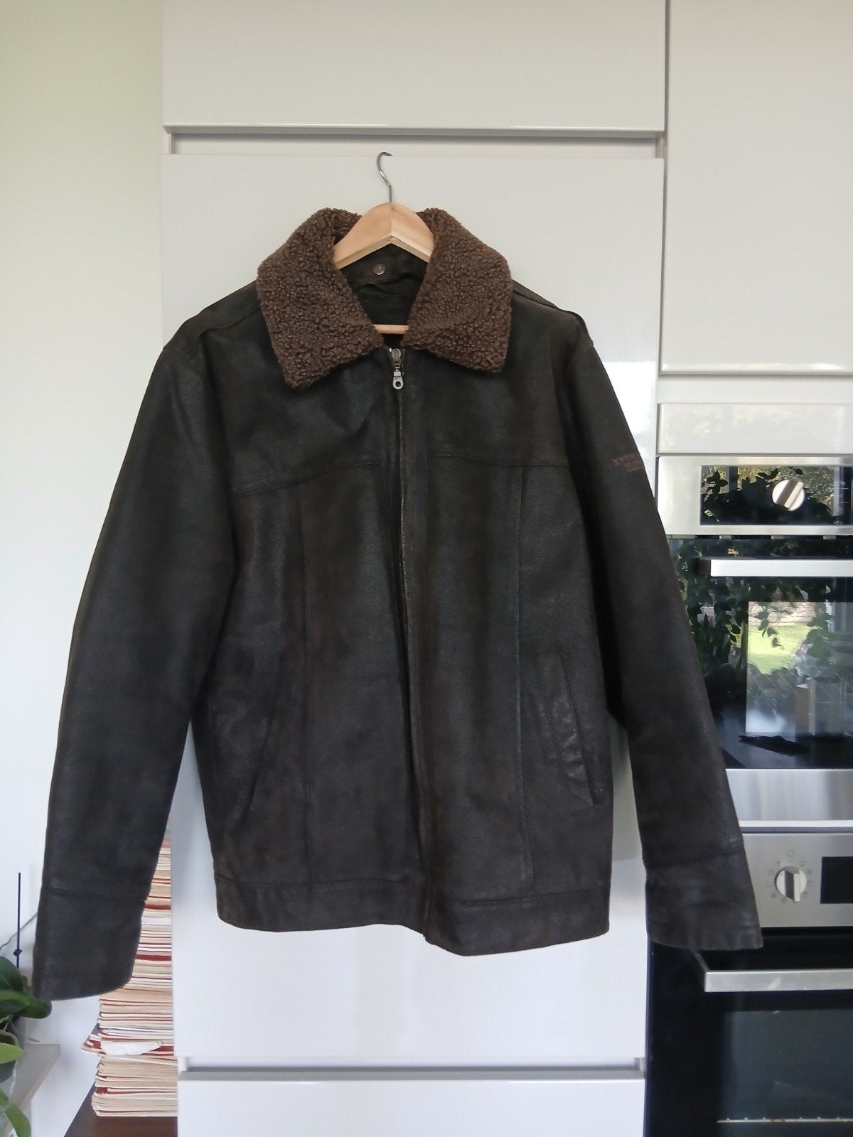 WE Fashion Heren Leren Jas met Bontkraag - Maat L, Maat 52/54 (L), Bruin, Ophalen of Verzenden, Gedragen