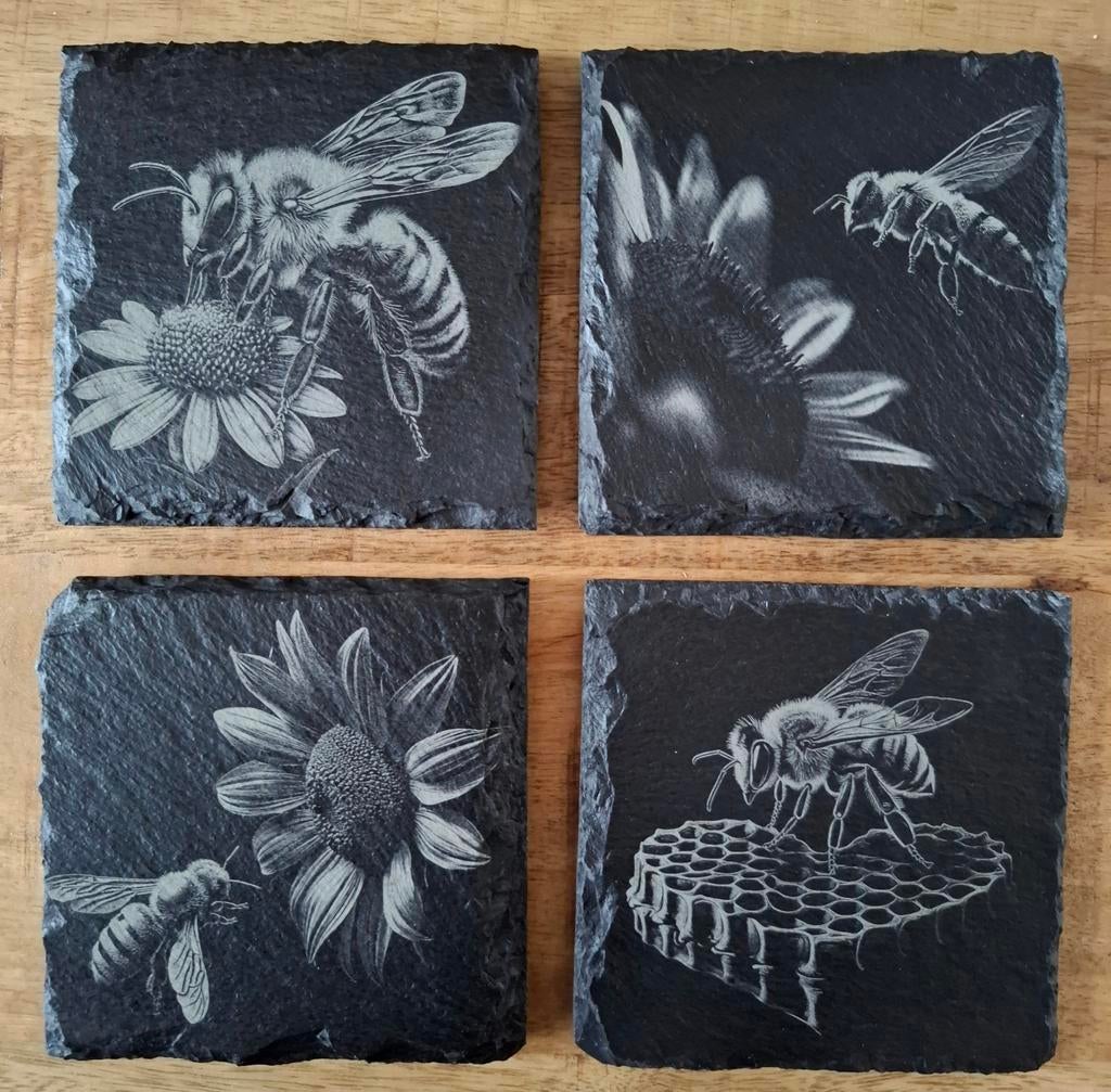 4x Leisteen onderzetters met bijen, Ophalen of Verzenden, Nieuw, Glas of Kopje