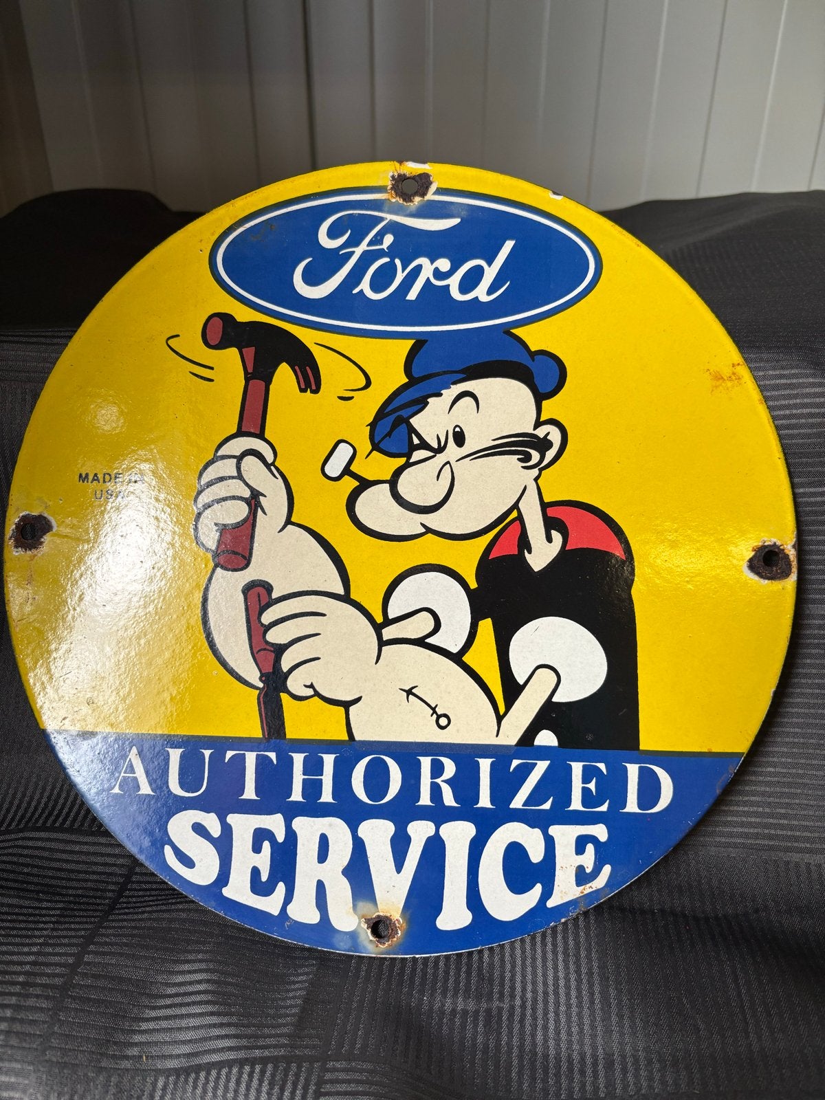 Emaille Popeye Ford Authorized Service Bord - Rond 30cm, Ophalen of Verzenden