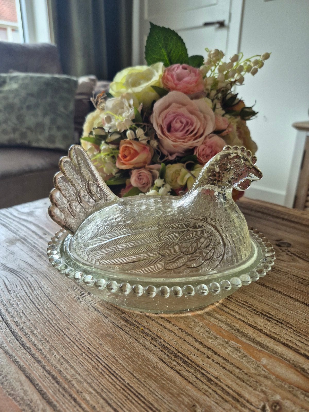 Glazen Kip op Nest - Vintage Stijl Eierhouder, Antiek en Kunst, Ophalen of Verzenden