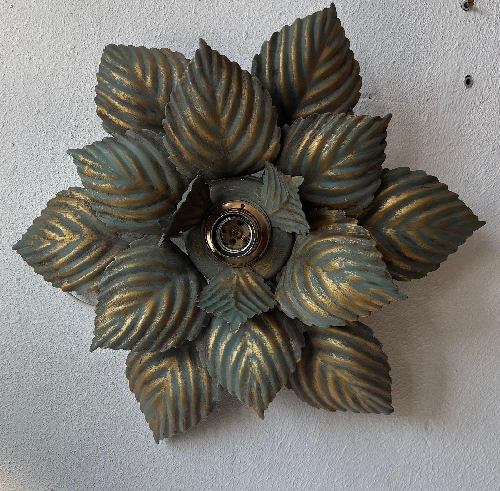 Vintage plafonniere masca italy bloem metalen lamp bladeren, Ophalen of Verzenden, Zo goed als nieuw, Metaal