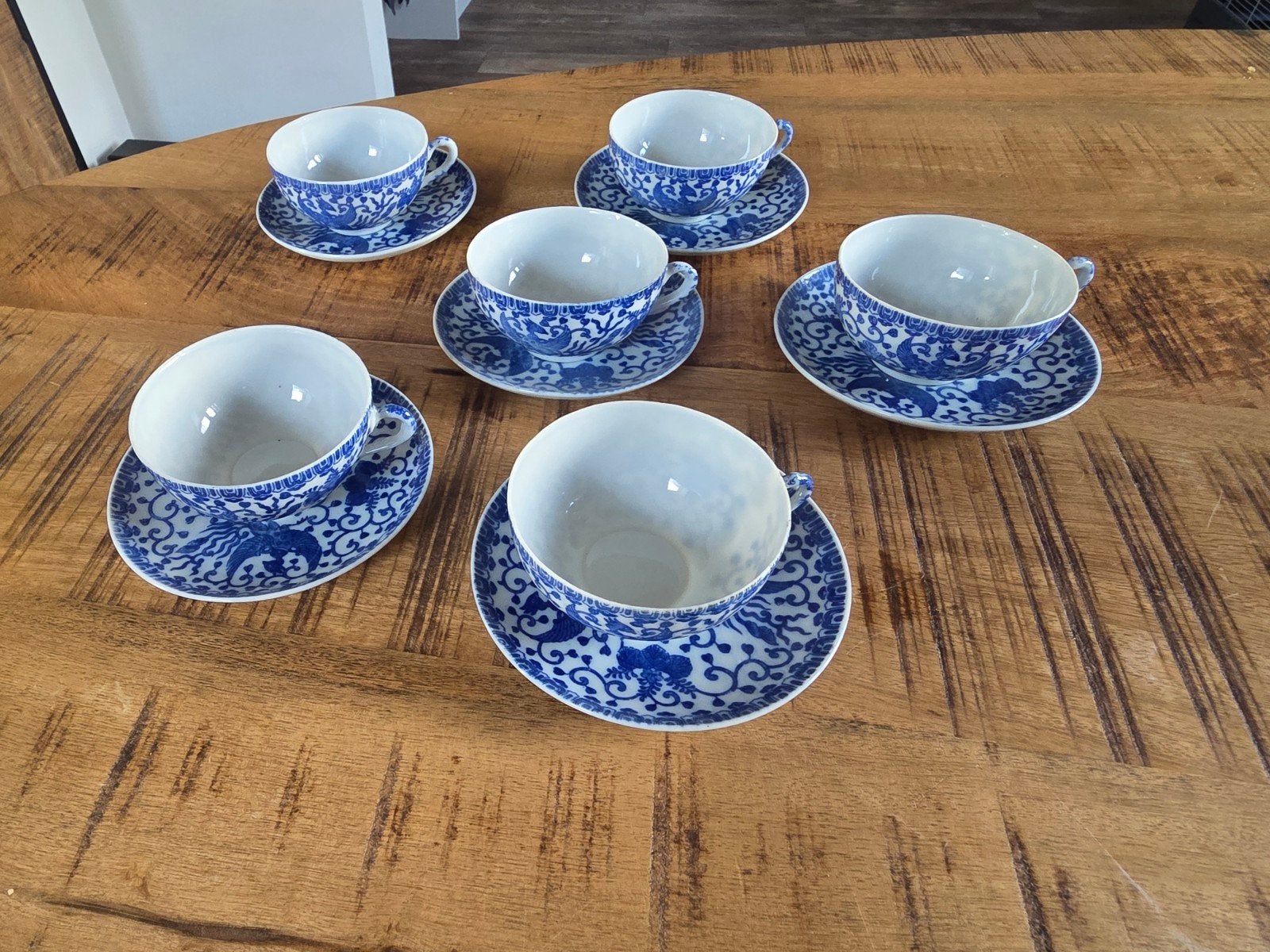 Set van 6 Vintage Japanse Kop en Schotels - Blauw/Wit, Ophalen of Verzenden