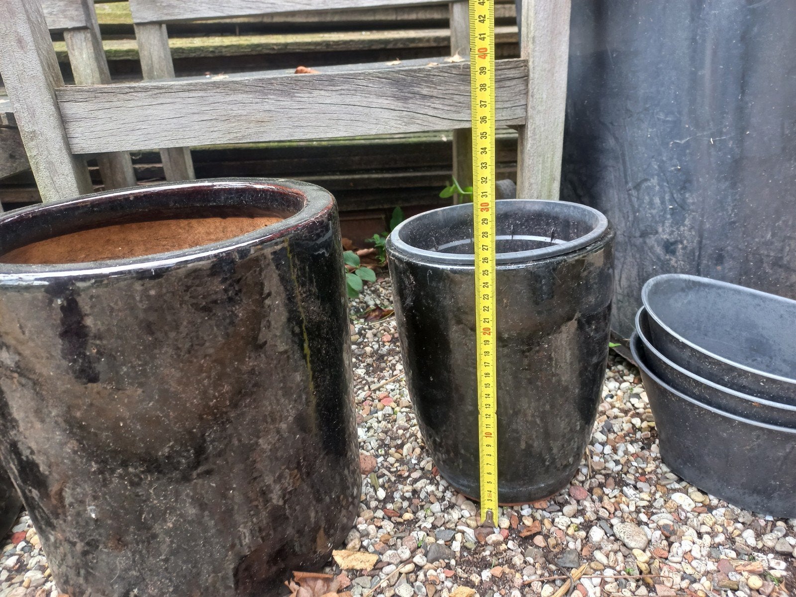 3 Zwarte geglazuurde buiten potten, Tuin en Terras, Ophalen, Steen, Minder dan 30 cm, Rond