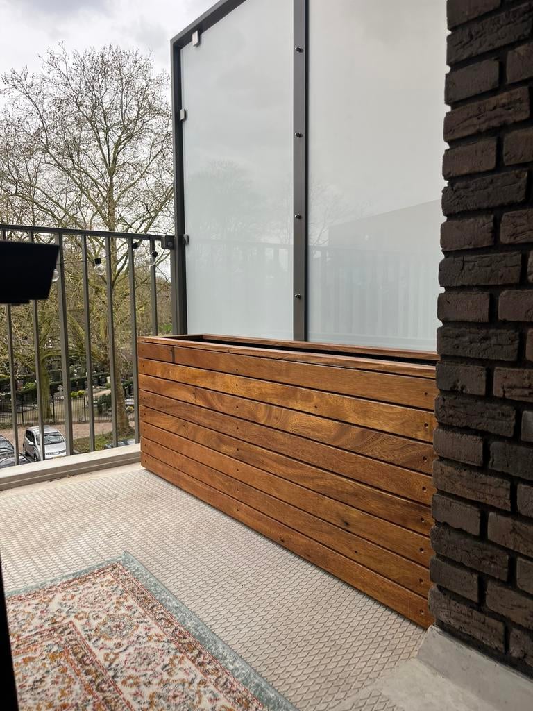 Exclusieve design plantenbakken afrormosia hout maatwerk, Nieuw, Ophalen of Verzenden, Rechthoekig, Balkon