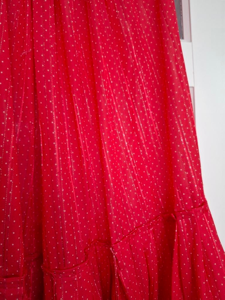 Rode lange rok met zilver stiksel - Maat 44/46, Ophalen of Verzenden