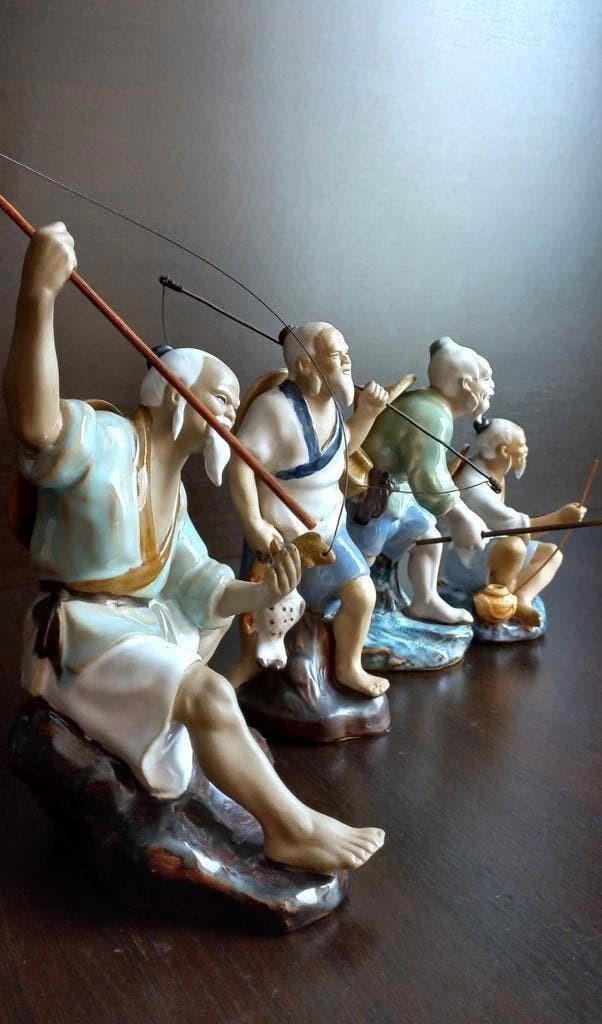 Vintage set van 4 Chinese Wanjiang Mudman keramieken vissers, Antiek en Kunst, Ophalen of Verzenden