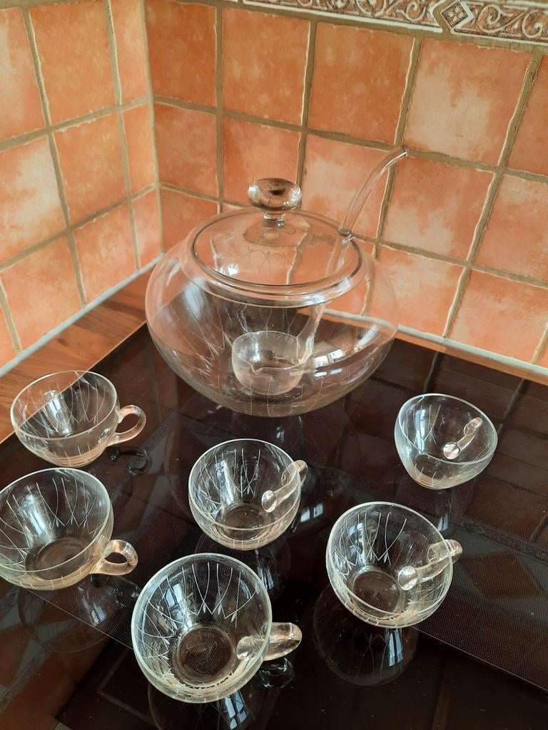 Glazen punch set met 6 kopjes, Ophalen of Verzenden, Overige stijlen, Kop(pen) en/of Schotel(s), Glas
