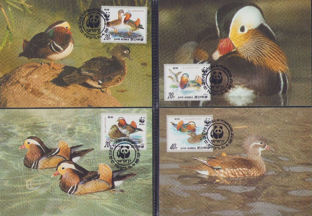 WWF set maxikaarten van de Mandarijneend, Ophalen of Verzenden, Gestempeld, Dier of Natuur