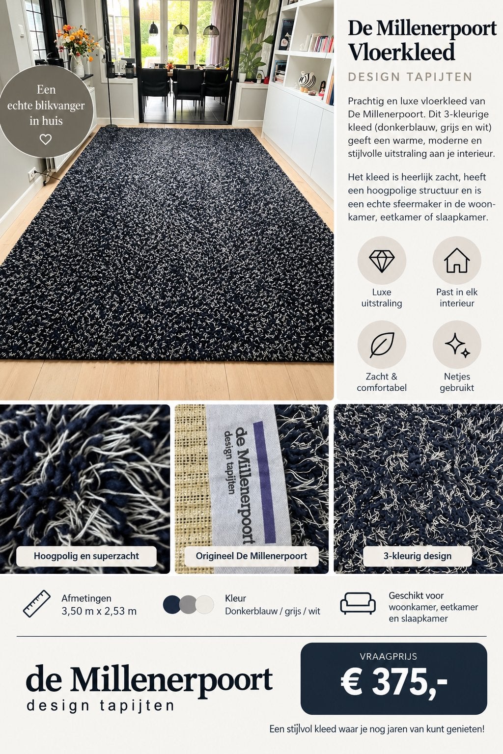 Luxe Millenerpoort Vloerkleed - Hoogpolig & Comfortabel, Gebruikt, Blauw, Ophalen of Verzenden, 200 cm of meer