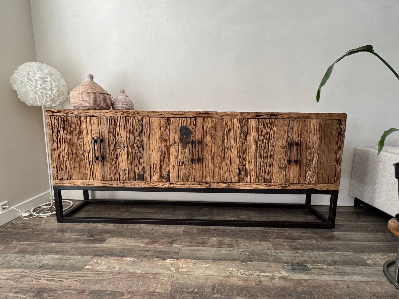 2.50brx1.00hoogx45diep. dressoir van gerecycled teakhout, Ophalen, Gebruikt, Teakhout, 200 cm of meer