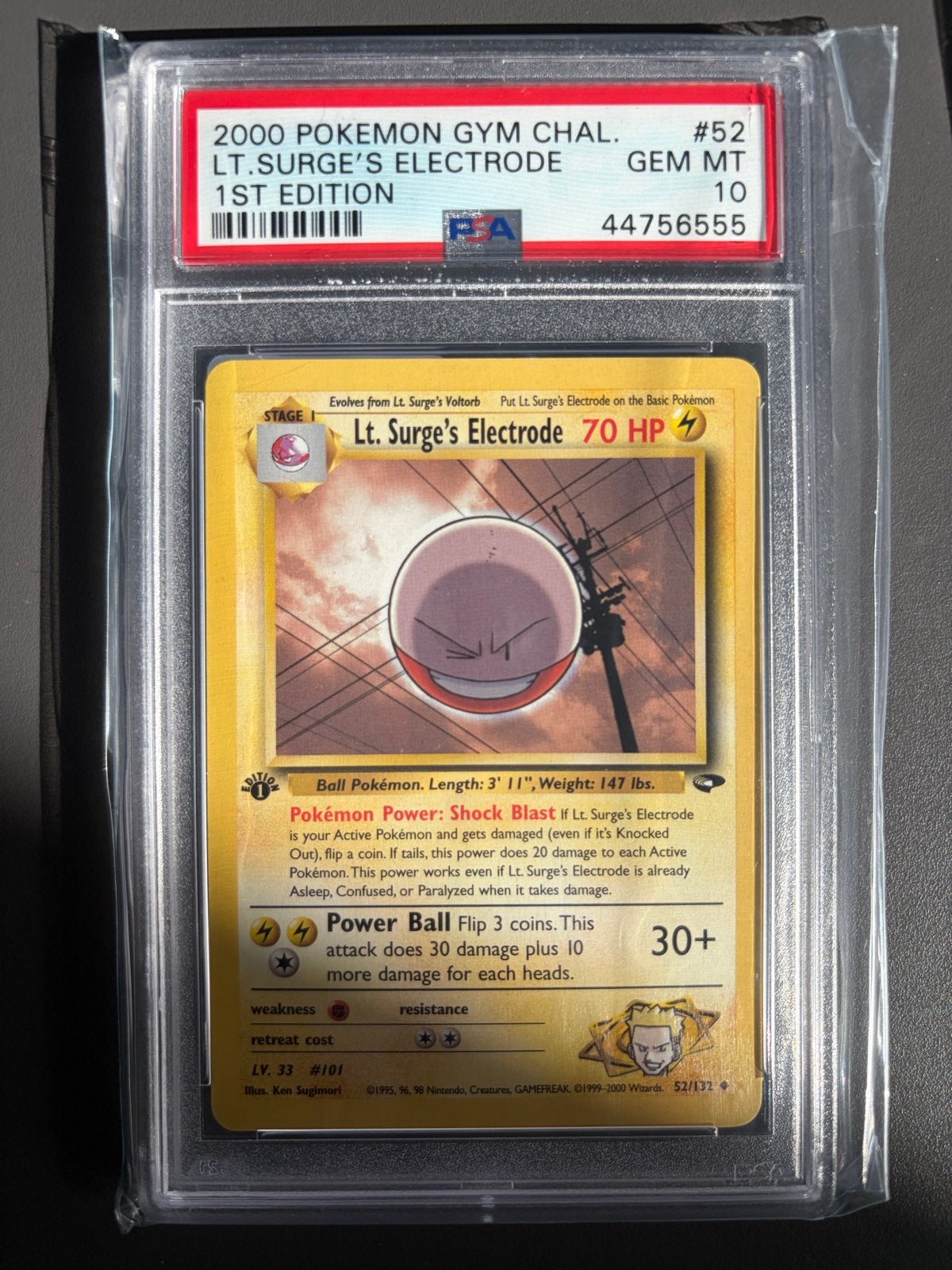 Pokemon Lt. Surge's Electrode 1st Edition PSA 10 GEM MT, Ophalen of Verzenden, Zo goed als nieuw, Losse kaart
