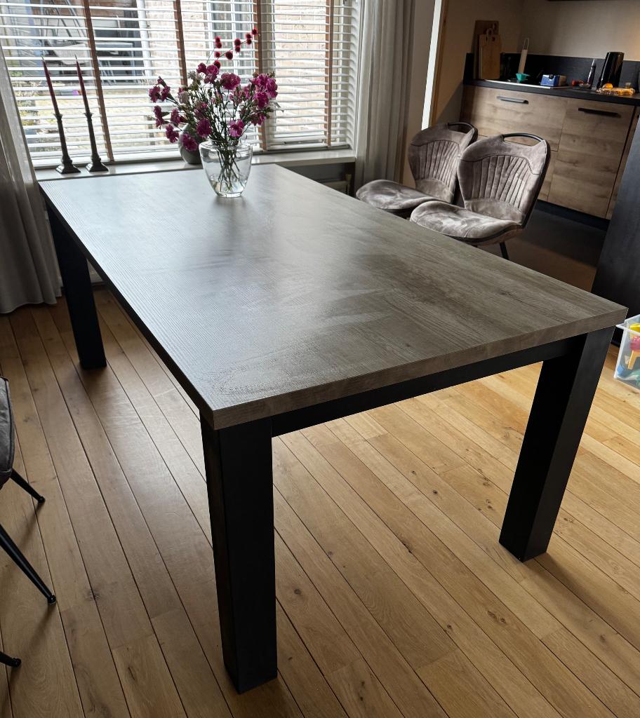 Notenhout look eettafel rechthoekig, Ophalen, Kunststof, 200 cm of meer, 50 tot 100 cm