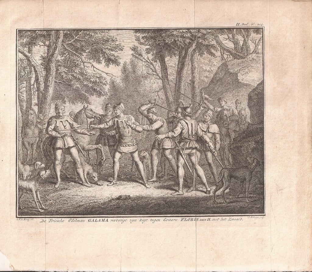 De Fries Galama verdedigt zich tegen graaf Floris II, Origineel, 19 cm, Ophalen of Verzenden, Gravure