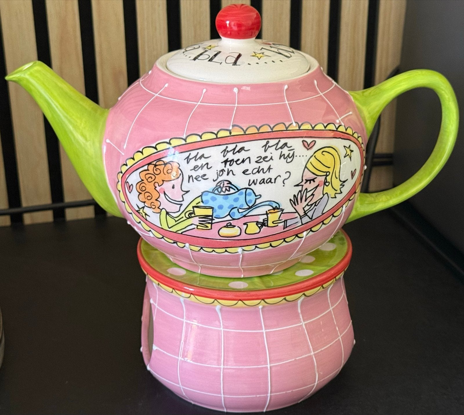 Blond Amsterdam Theepot 'Even Bijkletsen' met theelichtje, Ophalen of Verzenden, Zo goed als nieuw, Blond, Theepot