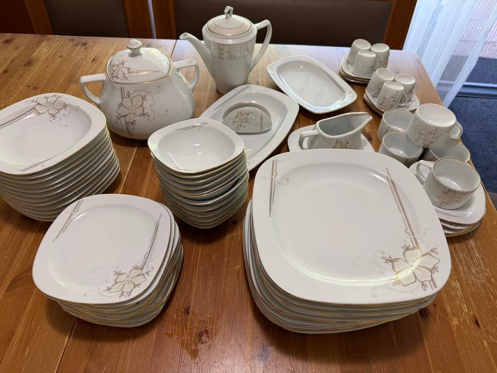 Luxe 77-delig servies set wit met bloemenprint complete set, Ophalen