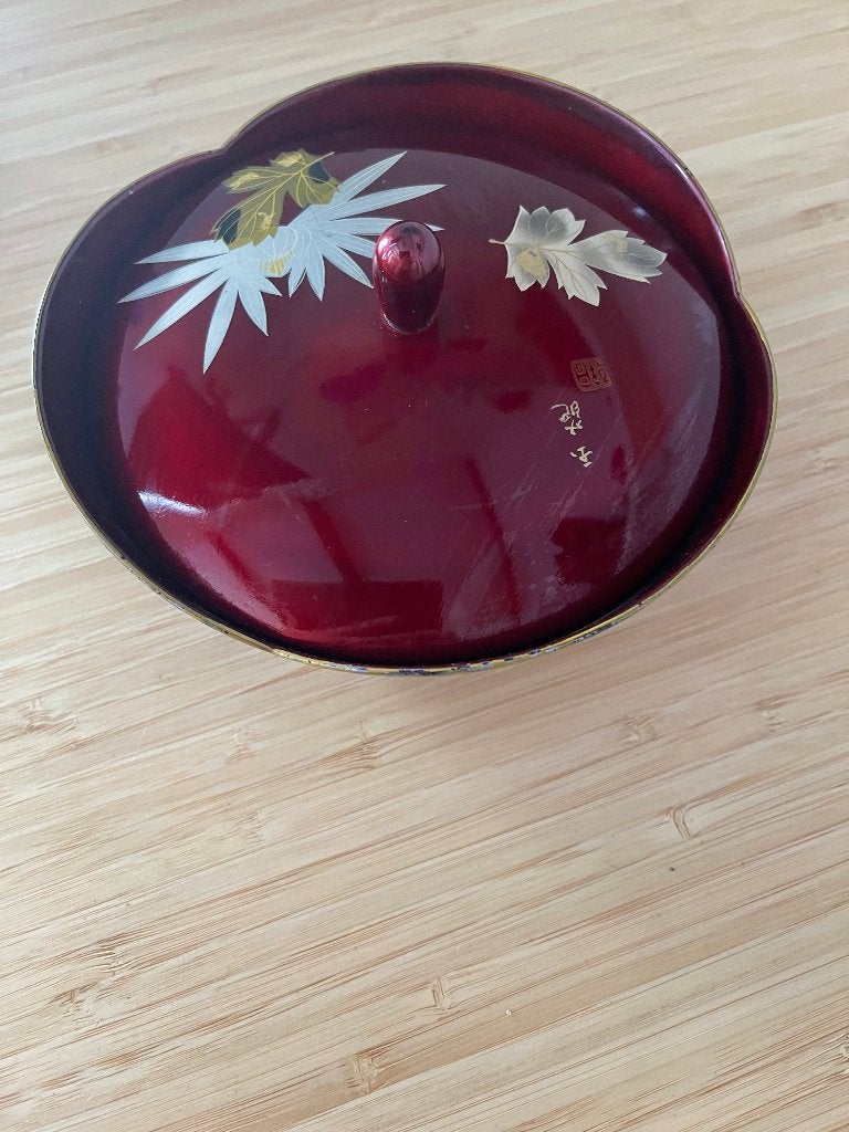 Vintage Japanse lakwerk borden in een schaal met deksel, Overige materialen, Gebruikt, Ophalen of Verzenden, Schaal of Schalen
