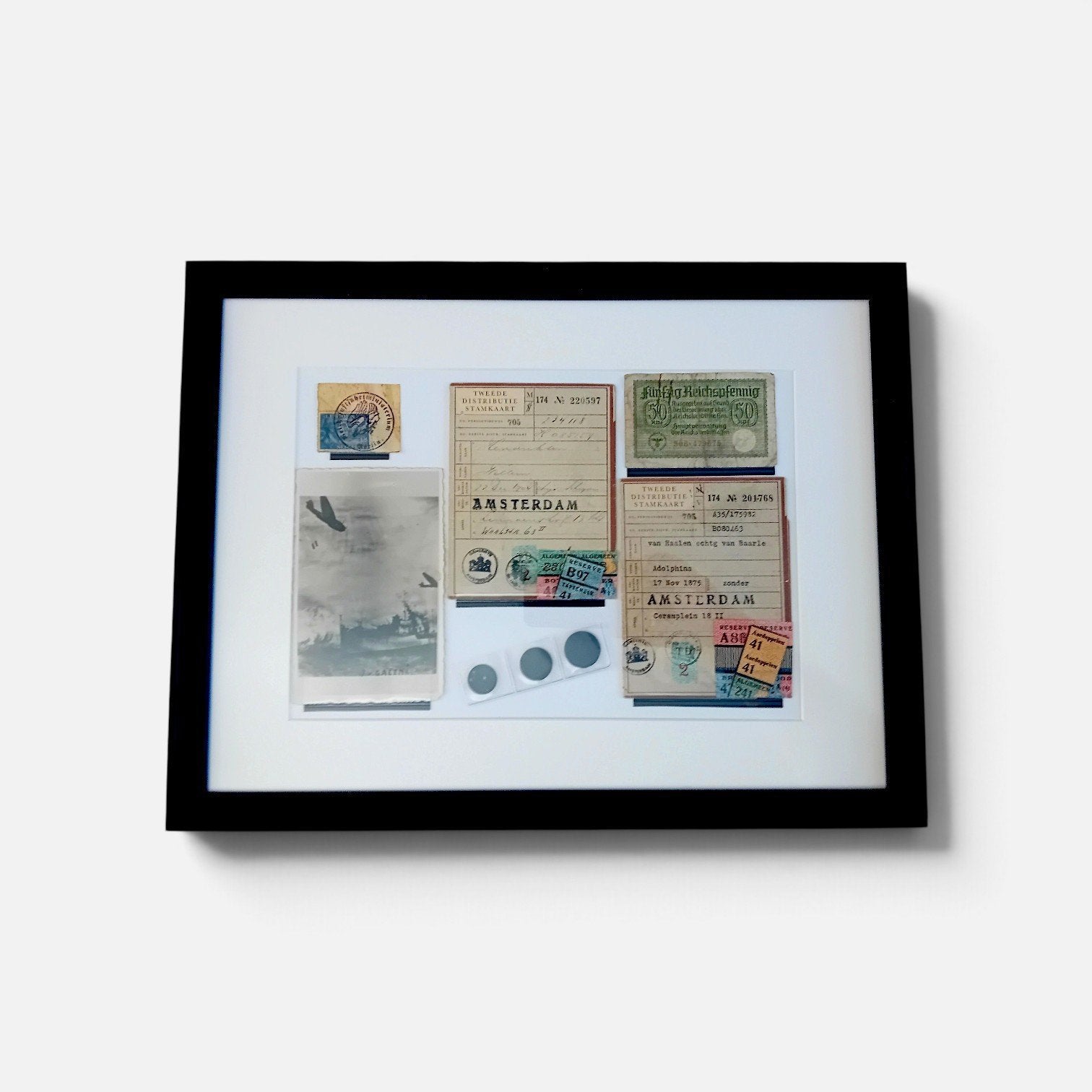 WO2 Lijst Collage Distributiekaarten Reichspfennig Amsterdam, Ophalen of Verzenden, Landmacht, Nederland, Foto of Poster