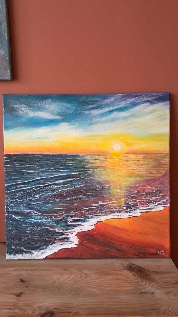 Schilderij ondergaande zon acryl op canvas, Ophalen