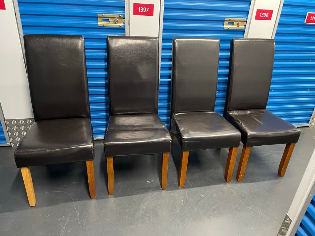 4 JYSK Tureby eetkamerstoelen - Donkerbruin kunstleer, Ophalen, Gebruikt, Bruin, Vier