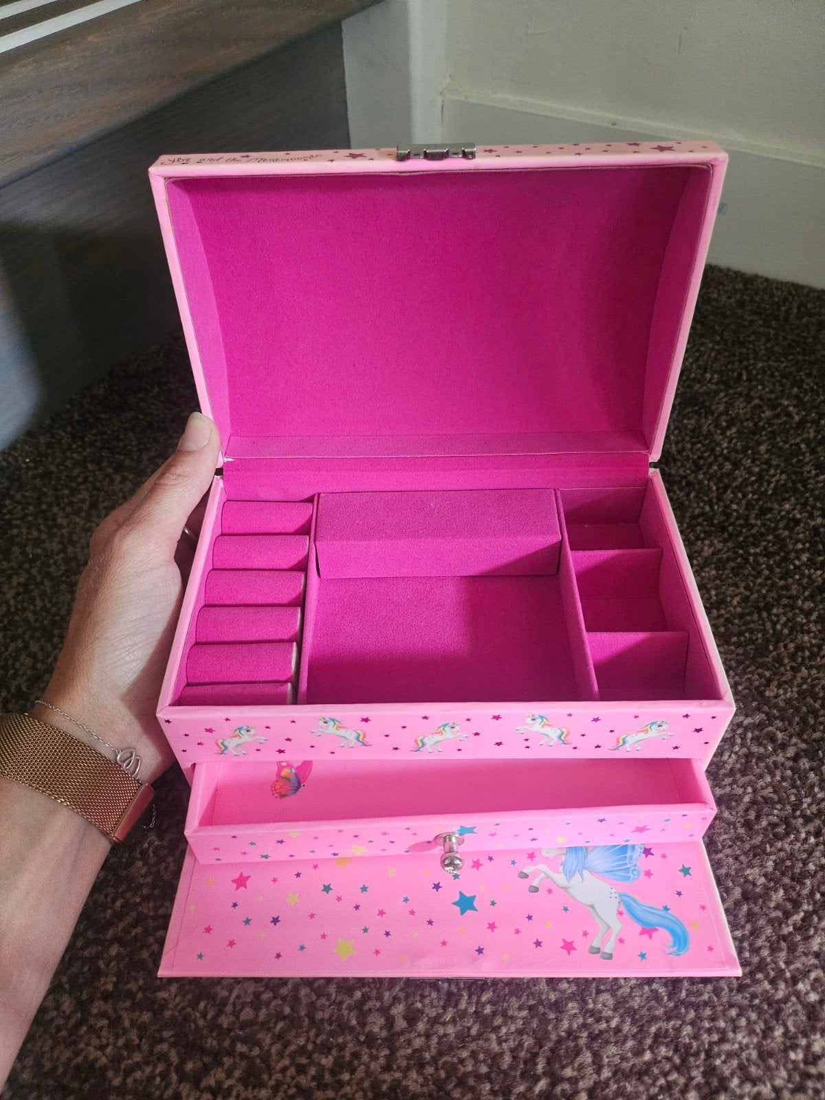 Roze sieradendoos met eenhoorns en lade, Ophalen of Verzenden, Gebruikt, Roze, Overige typen