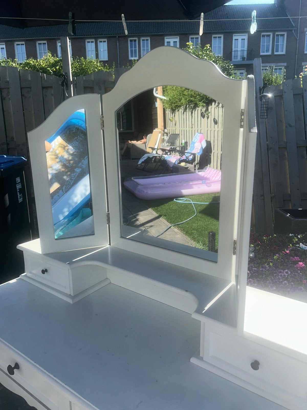Witte kaptafel met drieluik spiegel en lades, Huis en Inrichting, Ophalen, Gebruikt, 100 tot 150 cm, 100 tot 150 cm