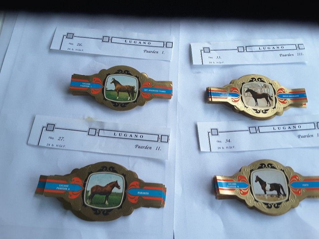 Sigarenbandjes lugano paardenreeksen I en II en III en IV, Verzamelen, Ophalen of Verzenden, Gebruikt, Sigarenbandjes