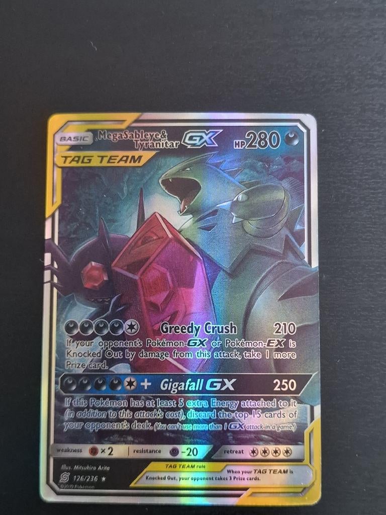 Mega Sableye & Tyranitar GX TAG TEAM Pokémon Kaart 126/236, Ophalen of Verzenden, Zo goed als nieuw, Losse kaart, Foil