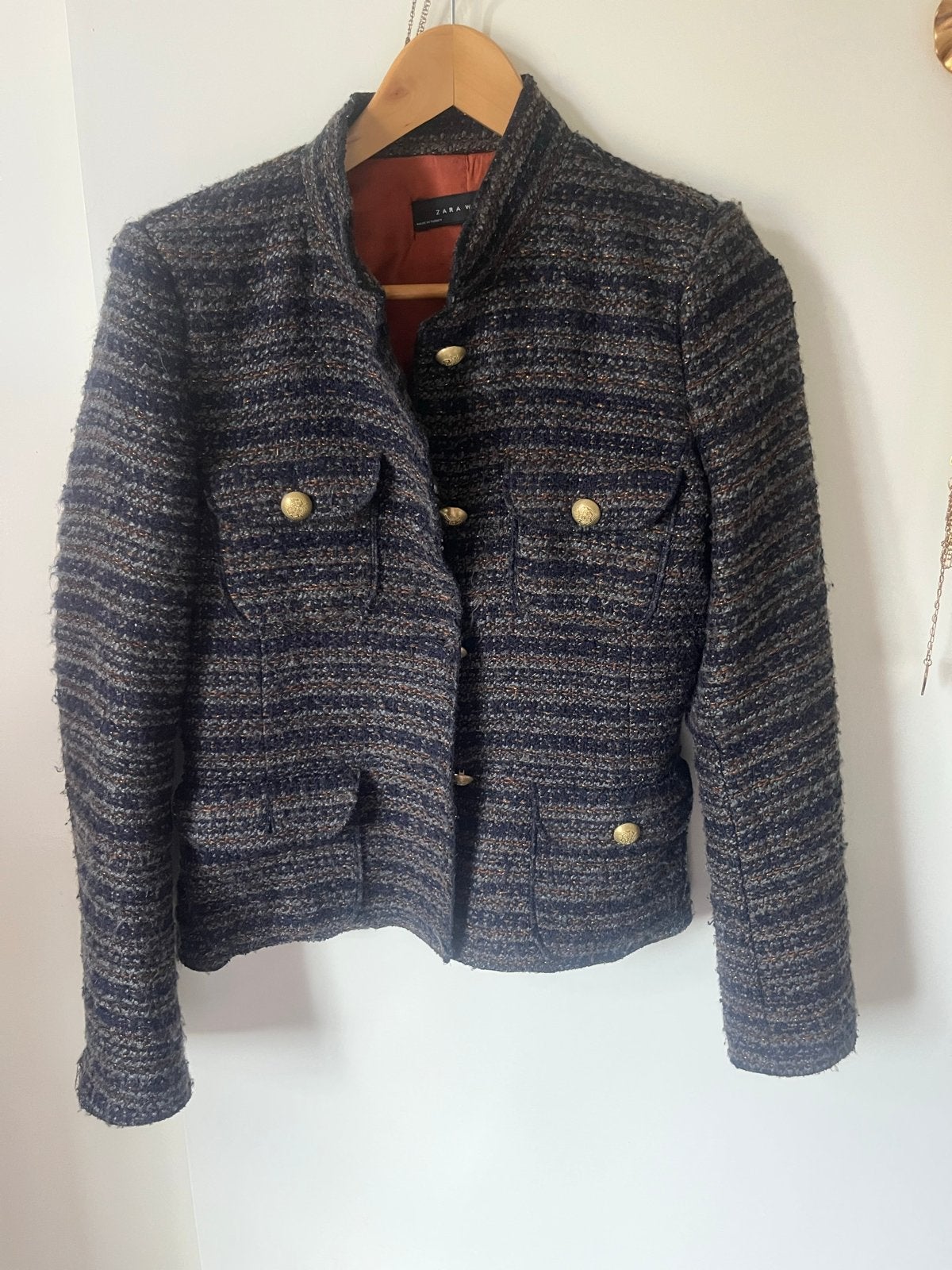 Zara tweed jasje met gouden knopen - Maat M, Ophalen of Verzenden, Gedragen, Maat 38/40 (M), Blauw