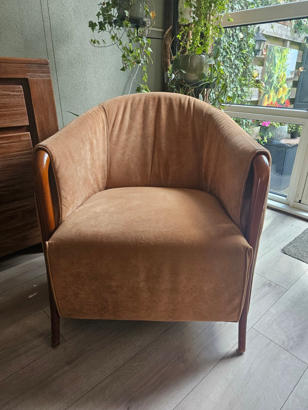 Vintage Wagner fauteuil - Bruin, echt leer, Ophalen, Hout, 75 tot 100 cm, Vintage, Retro