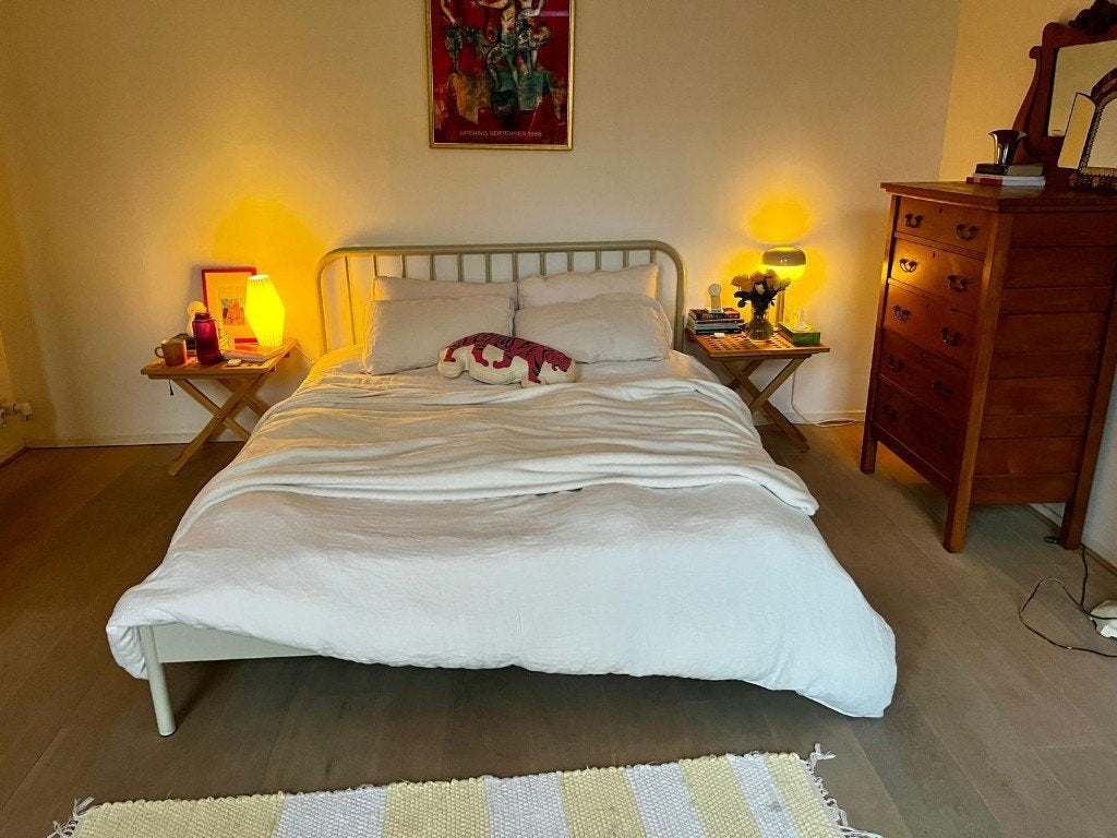 Metal bed frame, beige color, Westwing, Beige, Tweepersoons, Ophalen of Verzenden, Zo goed als nieuw