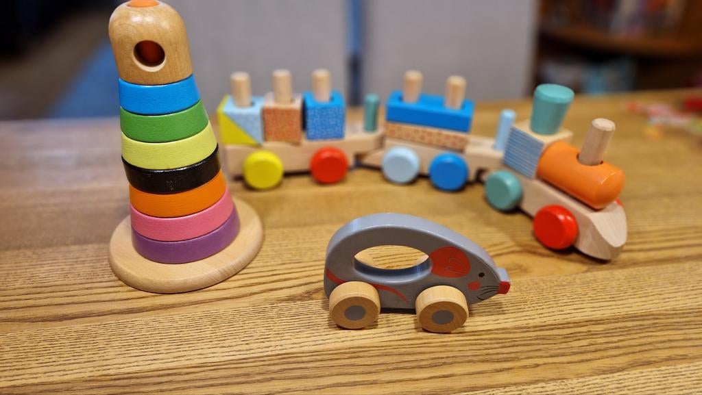 Houten speelgoedset: trein, stapeltoren en muis, Ophalen
