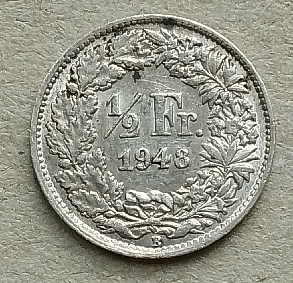 Zwitserland, 1/2 franc 1948, Postzegels en Munten, Ophalen of Verzenden, Overige landen, Losse munt, Zilver