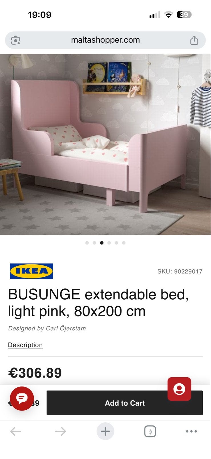 IKEA BUSUNGE uitschuifbaar kinderbed, lichtroze, Ophalen, Overige materialen, Verstelbaar, Zo goed als nieuw